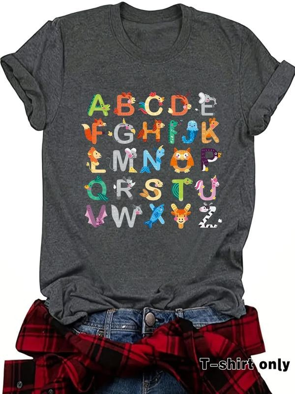 Women's Letter Print Round Neck Tee, Casual Short Sleeve Crew Neck T-Shirt for Summer, Fashion Women's Top for Daily Wear...