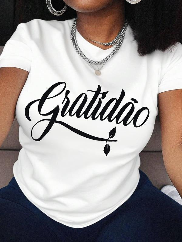Women's Letter Print Round Neck Tee, Casual Short Sleeve Crew Neck T-Shirt for Summer, Fashion Women's Top for Daily...