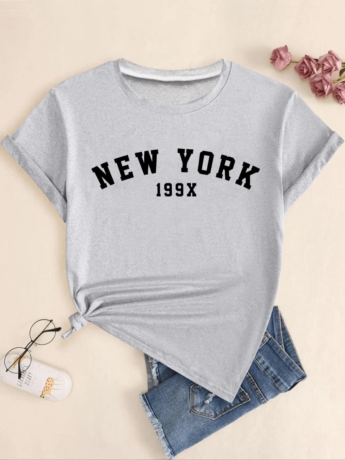 Women's Letter Print Round Neck Tee, Casual Short Sleeve Crew Neck T-Shirt for Summer, Fashion Women's Top for Daily...