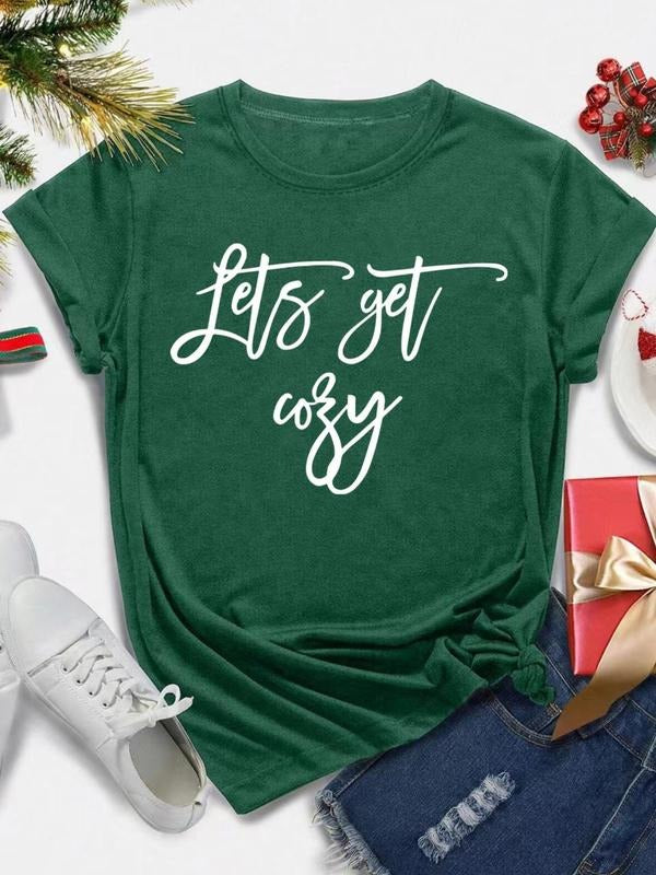 Women's Letter Print Round Neck Tee, Casual Short Sleeve Crew Neck T-shirt for All Seasons, Fashion Women's Top for Daily...