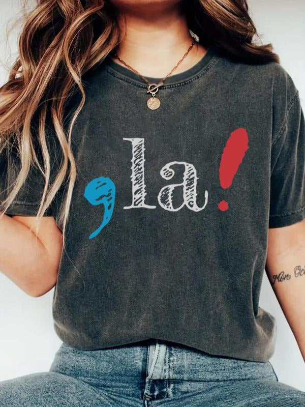 Women's Letter Print Round Neck Tee, Casual Short Sleeve Crew Neck T-shirt for Daily Wear, Ladies Clothes for All Seasons...
