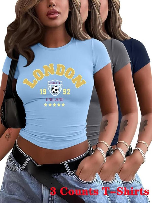 Women's Letter Print Round Neck Tee, Casual Short Sleeve Crew Neck T-shirt for Daily Wear, Ladies Clothes for All Seasons, Top