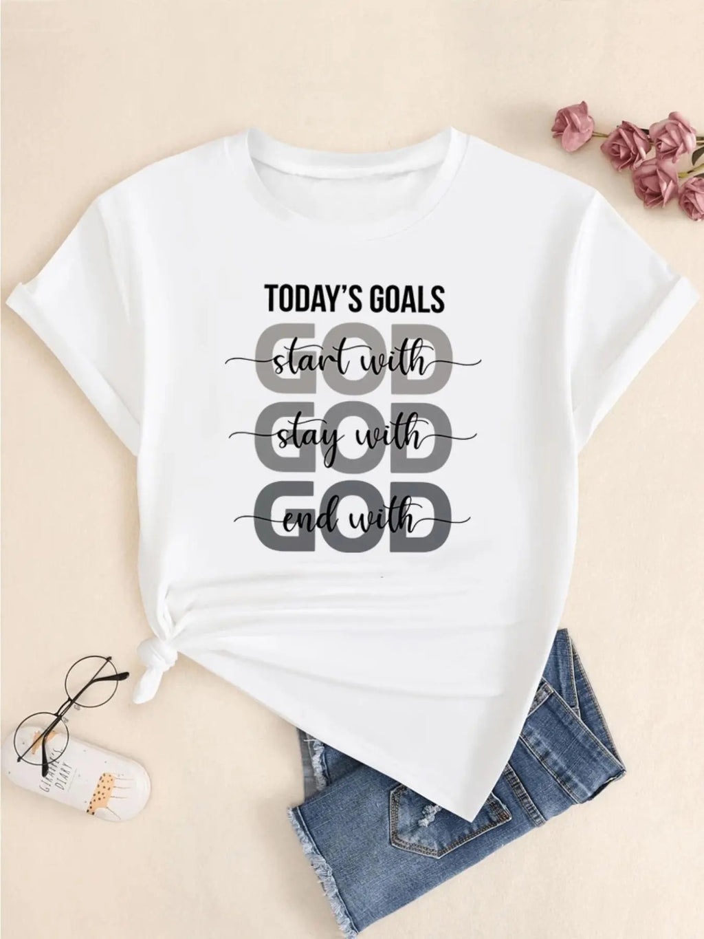 Women's Letter Print Round Neck Tee, Casual Short Sleeve Crew Neck T-shirt for Daily Wear, Ladies Clothes for All...