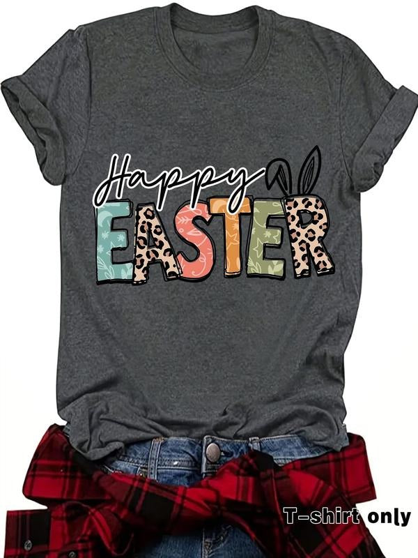 Women's Letter Print Round Neck Tee, Casual Short Sleeve Crew Neck T-shirt for Spring, Fashion Women's Top for Daily Wear...