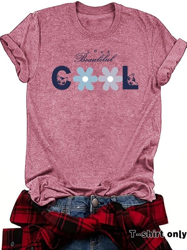 Women's Letter Print Round Neck Tee, Casual Short Sleeve Crew Neck T-shirt for Summer, Fashion Women's Top for Daily Wear...