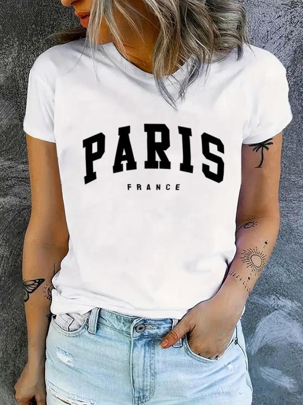 Women's Letter Print Round Neck Tee, Casual Short Sleeve Crew Neck T-shirt for Summer, Fashion Women's Top for Daily Wear...