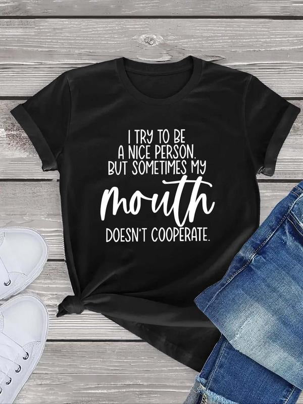 Women's Letter Print Round Neck Tee, Casual Short Sleeve Crew Neck T-shirt, Ladies Summer Outfit Hoodie, Sweatshirt