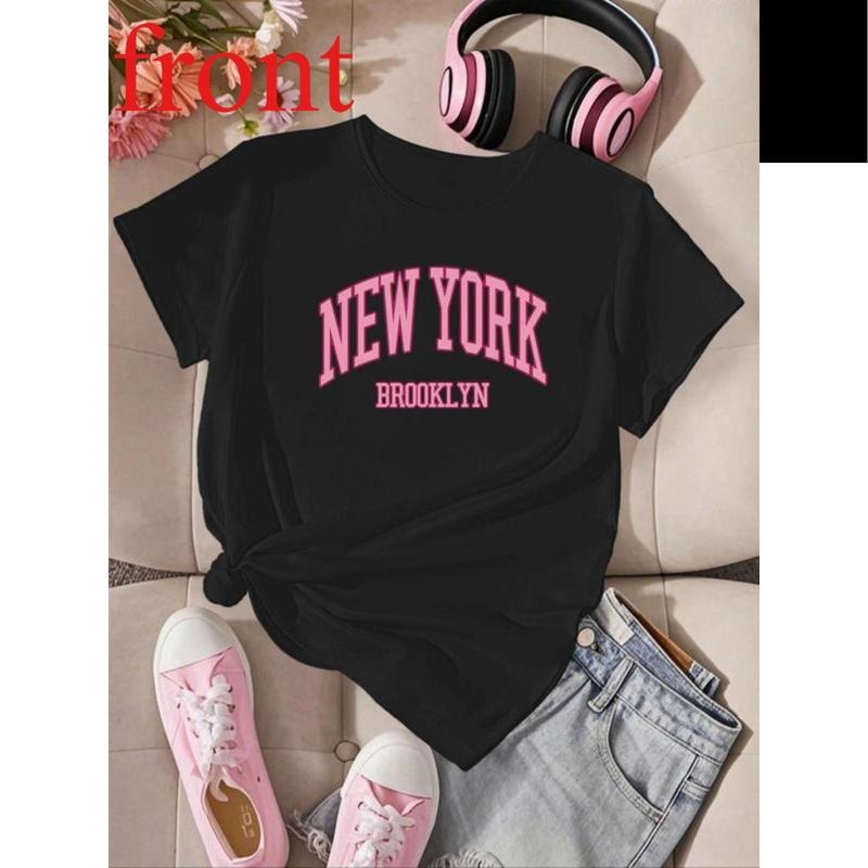 Women's Letter Print Round Neck Tee, Casual Short Sleeve Crewneck T-shirt for Daily Wear, Ladies Sportswear for All...
