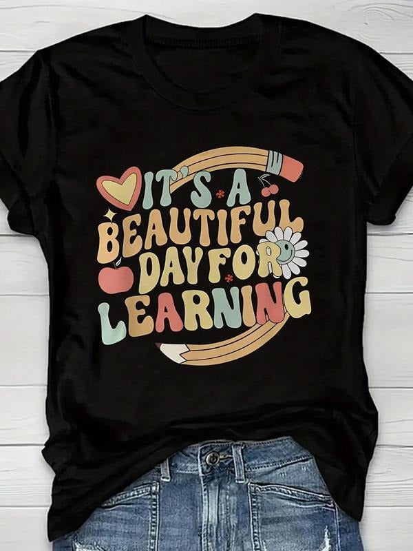 Women's Letter Print Round Neck Tee, Casual Short Sleeve T-Shirt for Daily Wear, Ladies All Seasons Outfit Hoodie, Sweatshirt