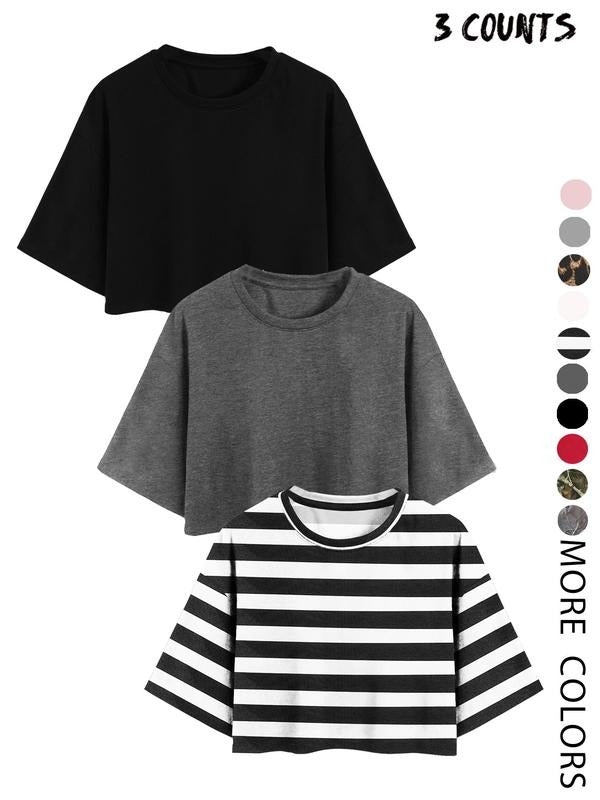 Women's Letter Print Round Neck Tee, Casual Striped Print Short Sleeve Crew Neck T-shirt for Summer, Fashion Women's Top...