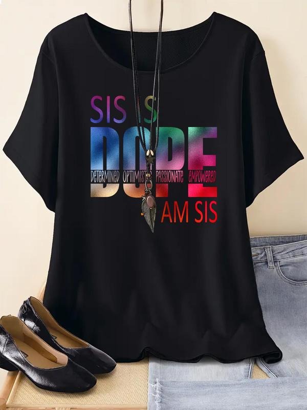 Women's Letter Print Round Neck Tee, Fashion Casual Crew Neck Short Sleeve T-shirt for Daily Holiday Vacation Outdoor...
