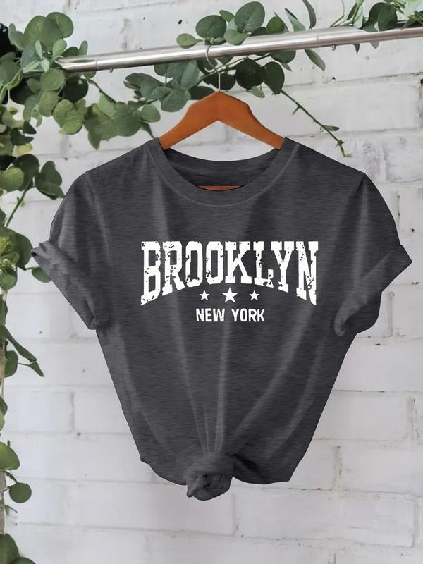 Women's Letter Print Round Neck Tee, Fashion Casual Crew Neck T-Shirt for Daily Holiday Vacation Outdoor Wear, Ladies...