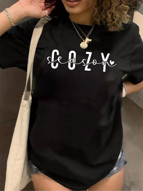 Women's Letter Print Round Neck Tee, Fashion Casual Plus Size Short Sleeve T-shirt for Daily Outdoor Wear, Women Clothing...