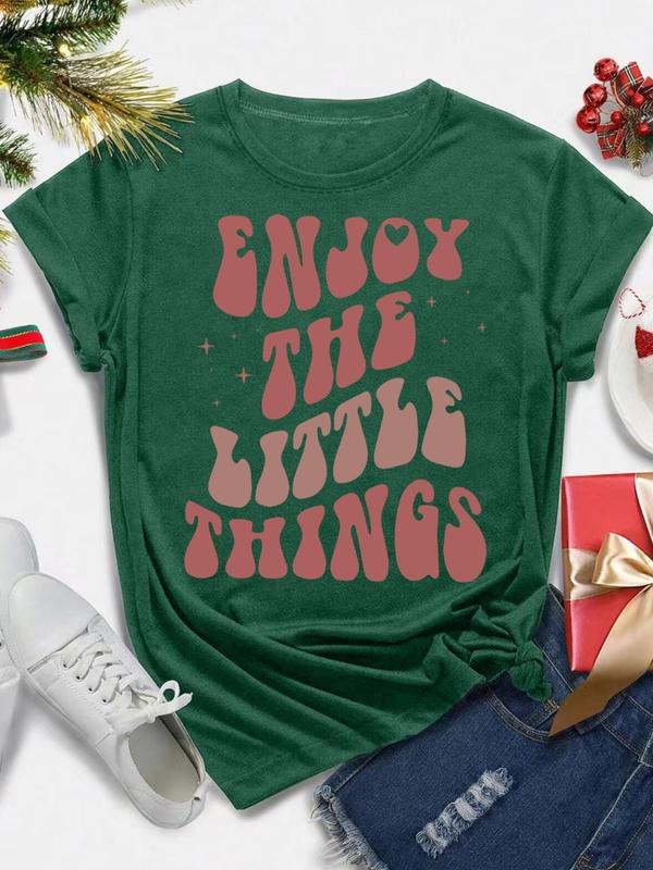 Women's Letter Print Round Neck Tee, Fashion Casual Short Sleeve T-shirt, Ladies Summer Clothes for Daily Wear style 17...