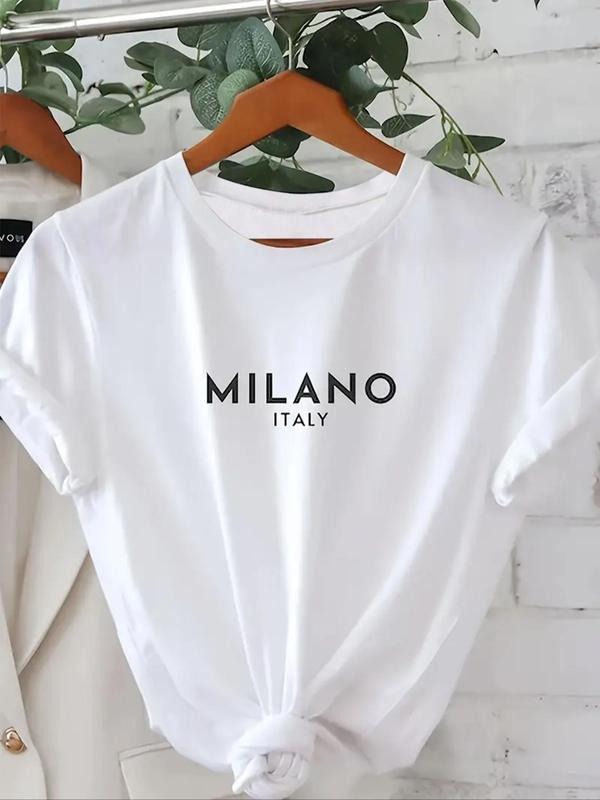 Women's Letter Print Round Neck Tee, Summer Clothes, Fit Casual Short Sleeve Crew Neck T-shirt for Summer, Women's...