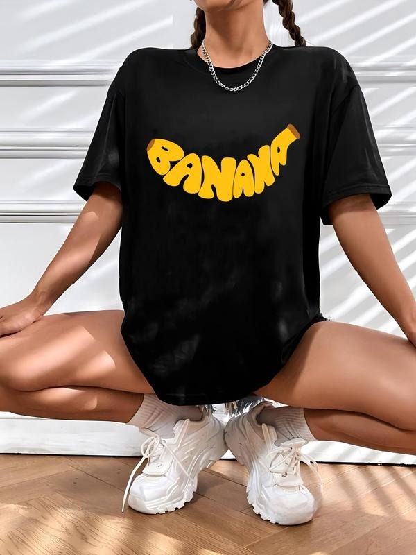 Women's Letter Print Round Neck Tee, Trendy Casual Drop Shoulder Half Sleeve T-shirt for Daily Wear, Ladies All Seasons...