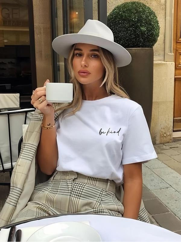 Women's Letter Print Round Neck Tee, Vintage Trendy Casual Short Sleeve T-Shirt for Daily Wear, Ladies Summer, Top style...