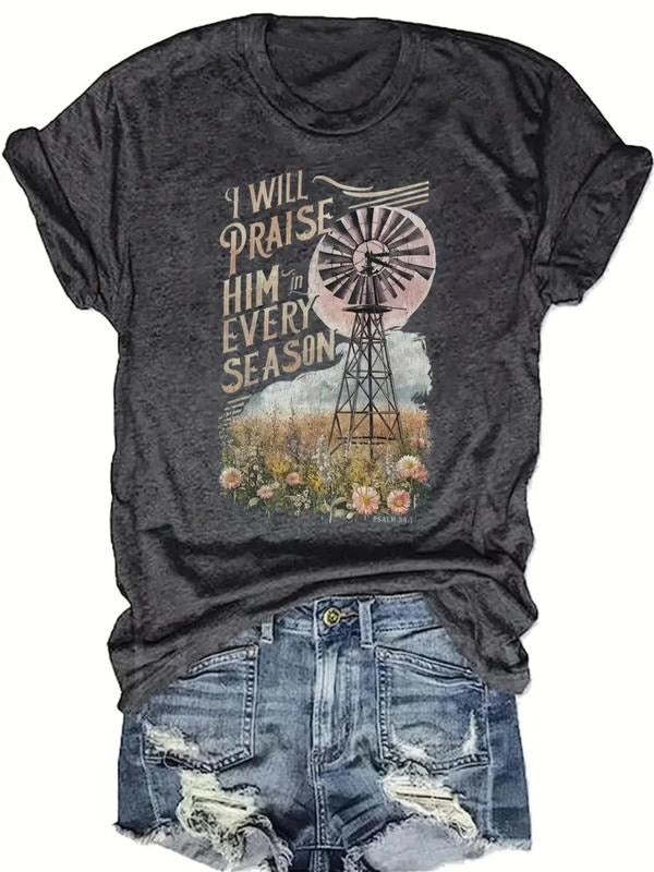 Women's Letter Print Round Neck Tee, Vintage Trendy Casual Short Sleeve T-shirt for Daily Wear, Ladies All Seasons Wear...