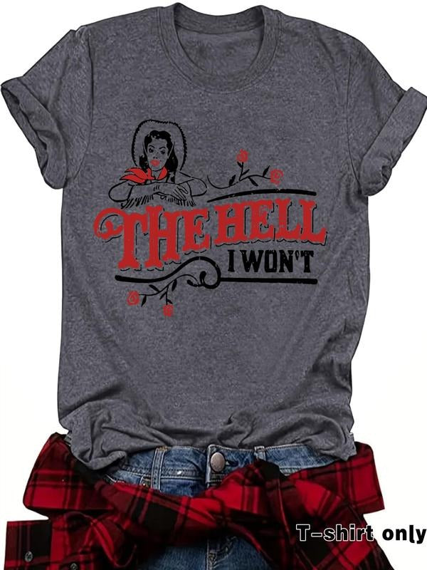 Women's Letter Print Round Neck Tee, Vintage Trendy Casual Short Sleeve T-shirt for Daily Wear, Ladies Spring Outfit...