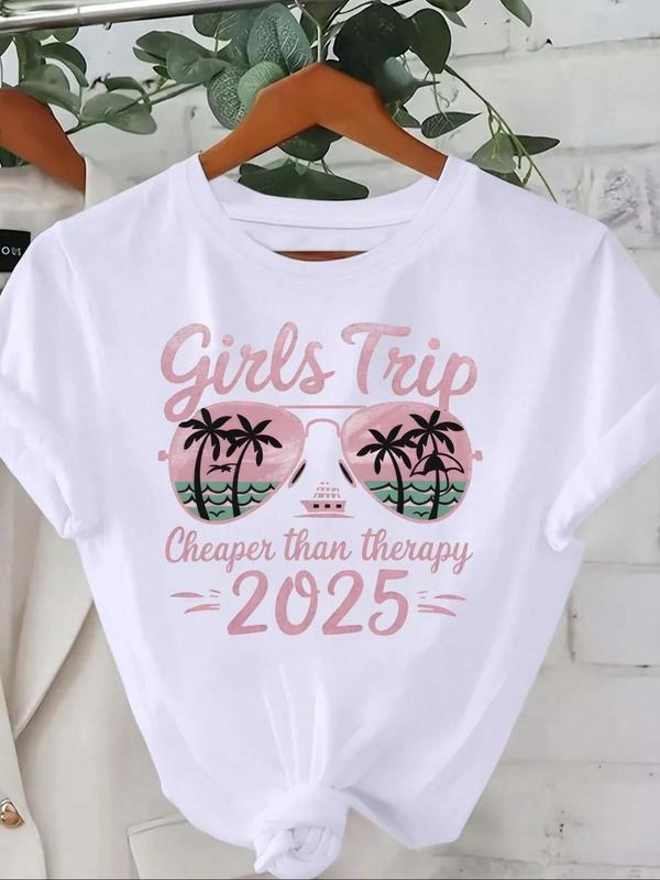 Women's Letter Print Round Neck Tee, Vintage Trendy Casual Short Sleeve T-shirt for Daily Wear, Ladies Summer Outfit, Top...