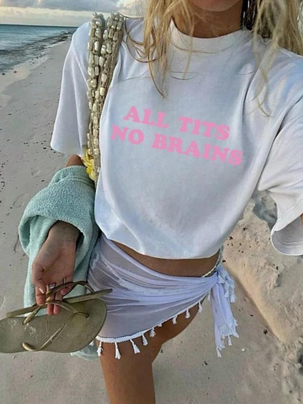 Women's Letter Print Round Neck Tee, Vintage Trendy Casual Short Sleeve T-shirt for Daily Wear, Ladies Summer Outfit, Top...