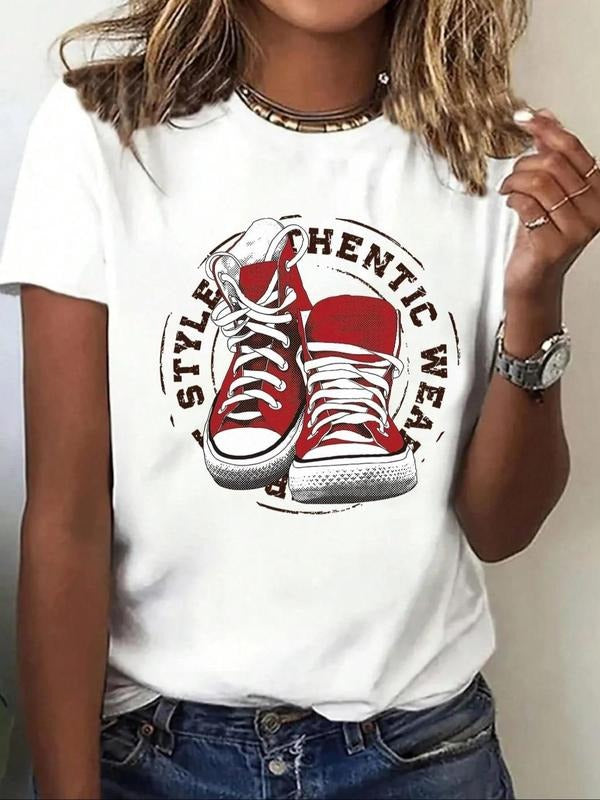 Women's Letter Print Round Neck Tee, Vintage Trendy Casual Short Sleeve T-shirt for Daily Wear, Ladies Summer Outfit, Top...