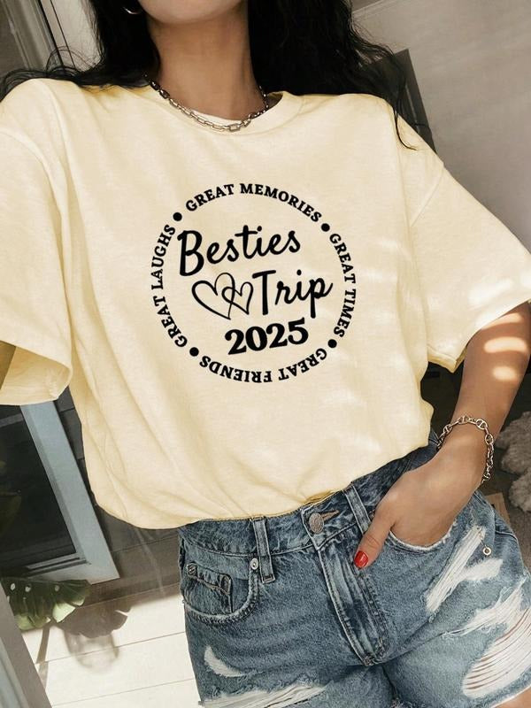Women's Letter Print Round Neck Tee, Vintage Trendy Casual Short Sleeve T-shirt for Daily Wear, Ladies Summer Outfit, Top...