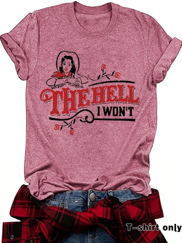Women's Letter Print Round Neck Tee, Vintage Trendy Casual Short Sleeve T-shirt for Daily Wear, Ladies Summer Top,...