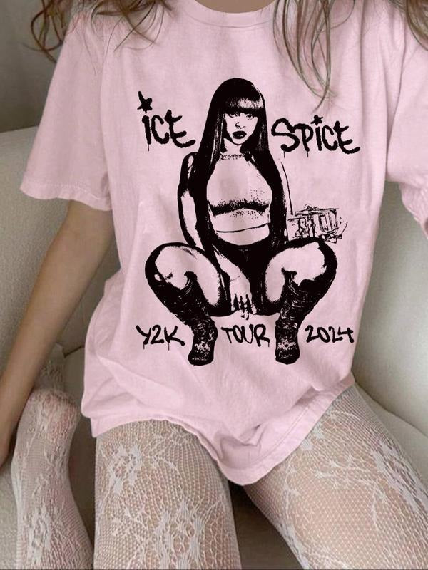 Women's Letter Print Round Neck Tee, Vintage Trendy Casual Short Sleeve T-shirt for Daily Wear, Ladies Summer Wear...