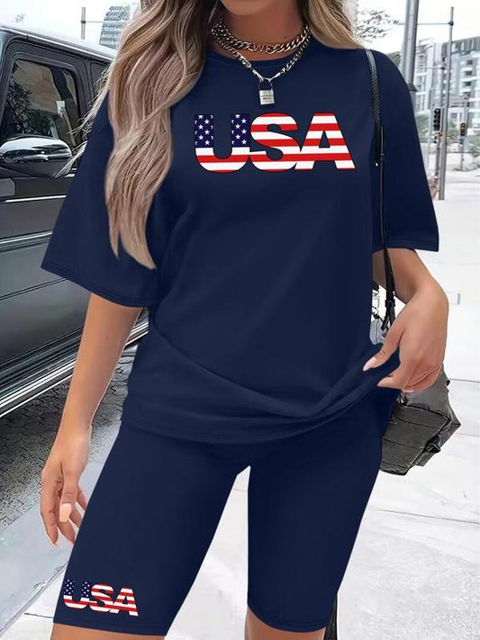 Women's Letter Print Short Sleeve T-Shirt & Skinny Shorts Two-Piece Set, Casual Round Neck Tee & Shorts for Daily Wear, Ladies Two-piece for All Seasons, Clothes