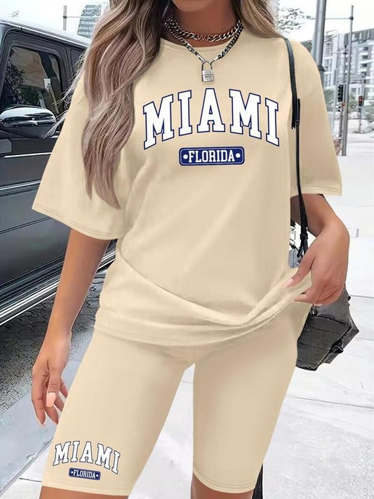 Women's Letter Print Short Sleeve Tee & Skinny Shorts Two-piece Set, Casual Round Neck T-shirt & Shorts for Daily Wear, Ladies Two-piece for All Seasons, Clothes