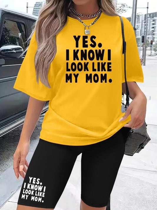 Women's Letter Print Tee & Skinny Shorts Two-Piece Set, Casual Fashion Round Neck Short Sleeve T-Shirt & Shorts for Daily Outdoor Wear, Ladies Clothes for All Seasonsstyle{n002}4