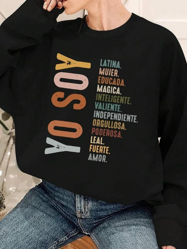 Women's Letter Print Thermal Lined Sweatshirt, Casual Long Sleeve Round Neck Pullover for Fall & Winter, Women's Clothes...