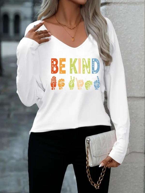 Women's Letter Print V Neck Tee, Casual Long Sleeve T-shirt for Fall & Winter, Fashion Ladies' Top for Daily Wear Hoodie,...