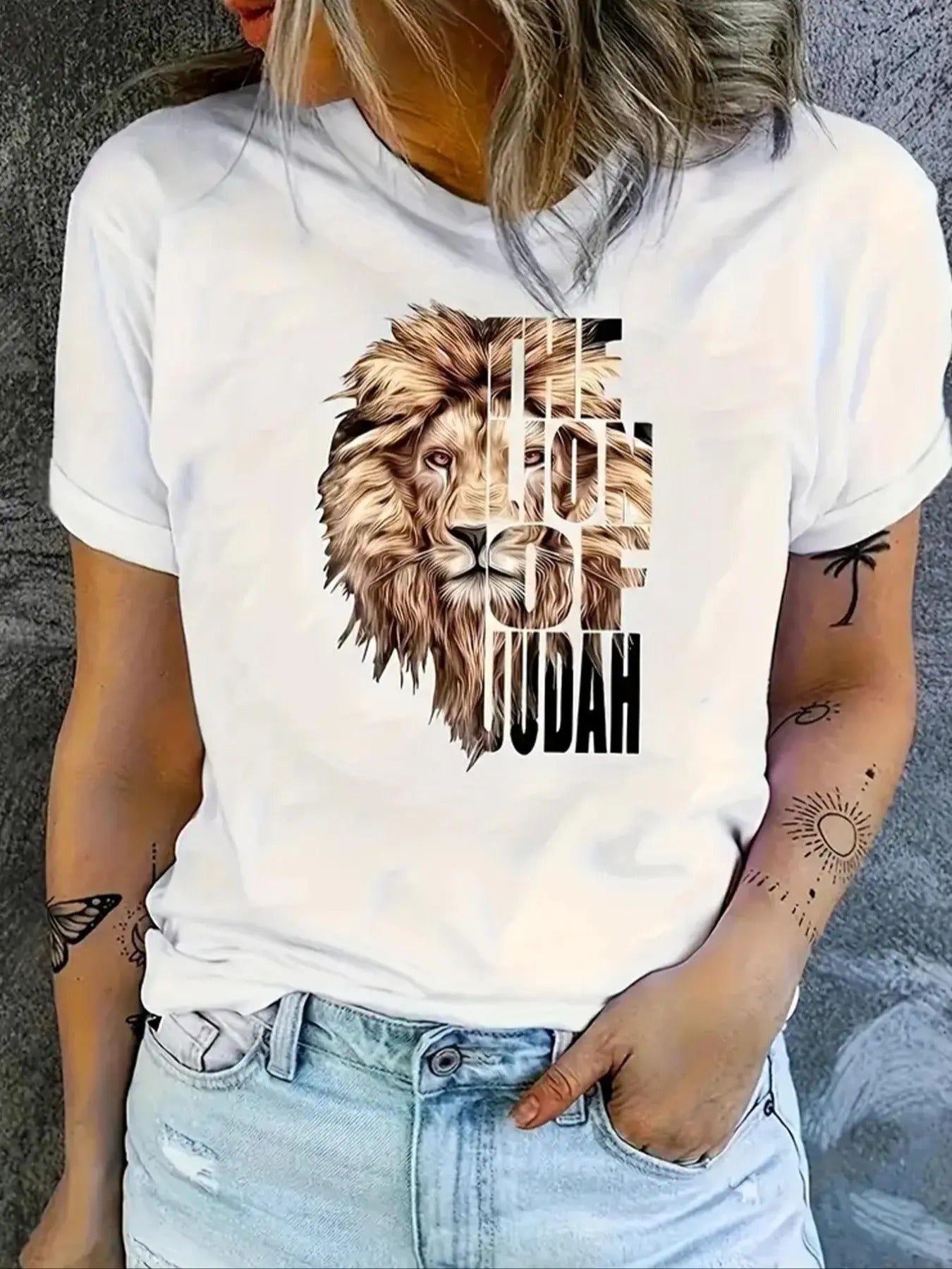 Women's Lion & Letter Print Round Neck Tee, Trendy Short Sleeve T-Shirt, Ladies Summer Outfit Hoodie, Sweatshirt
