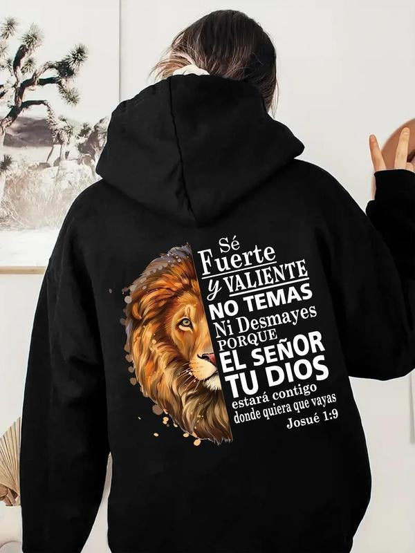 Women's Lion Print Drop Shoulder Hoodie, Fashion Casual Letter Print Drawstring Pocket Hooded Sweatshirt for Daily...