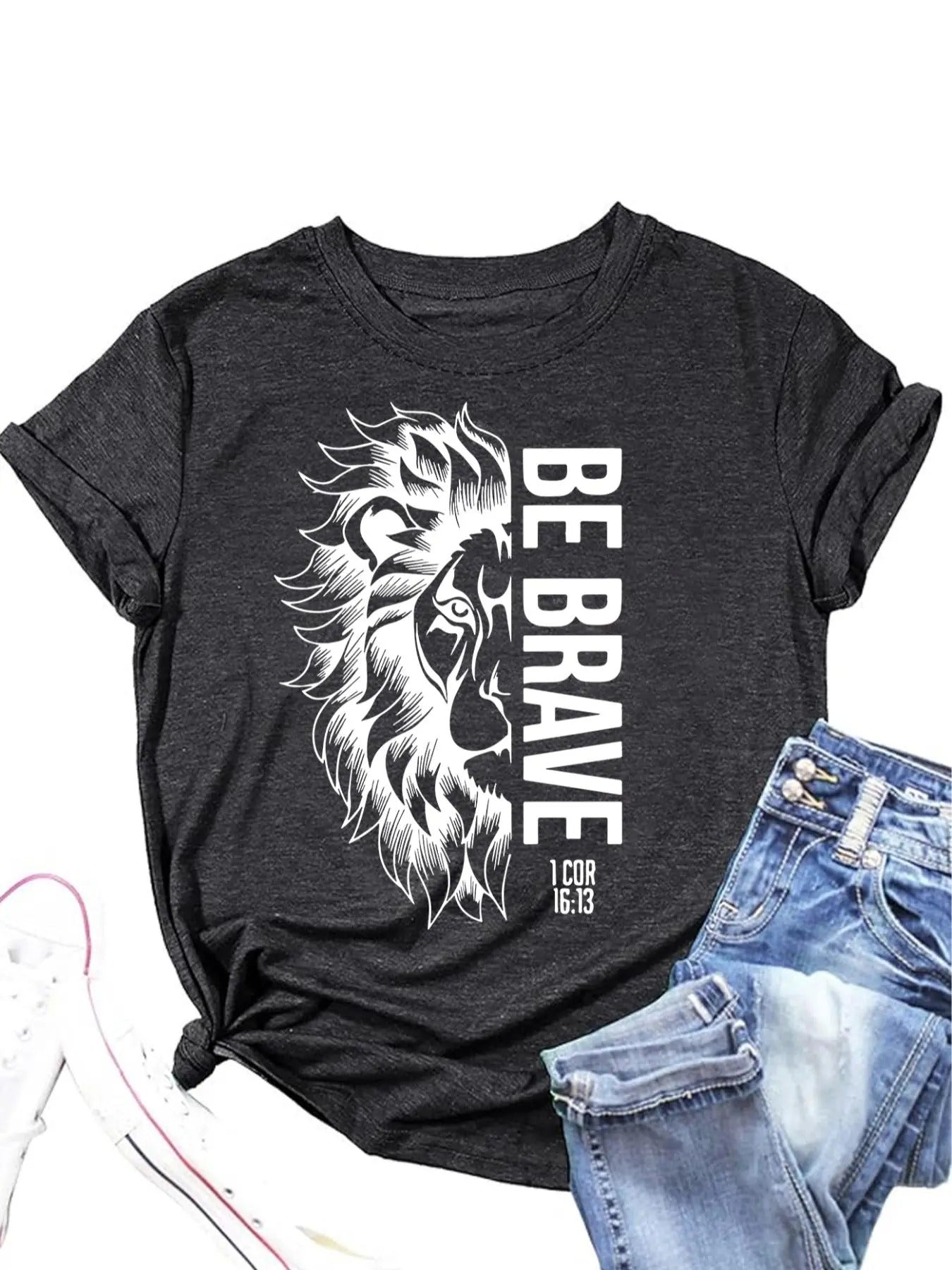 Women's Lion Print Round Neck Graphic Tee, Trendy Casual Short Sleeve T-shirt for Daily Wear, Ladies All Seasons Tops...