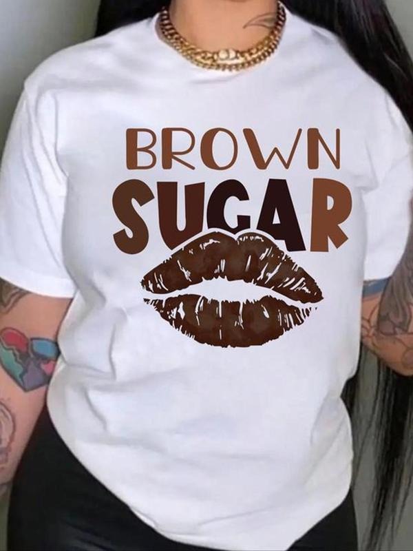 Women's Lip & "BROWN SUGAR" Letter Print Round Neck Tee, Trendy Casual Short Sleeve T-Shirt for Daily Wear, Ladies Summer...