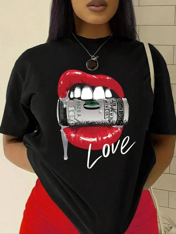 Women's Lip & Letter  Print Round Neck Tee, Fashion Casual Short Sleeve T-shirt for Daily Wear, Ladies Summer Clothes...