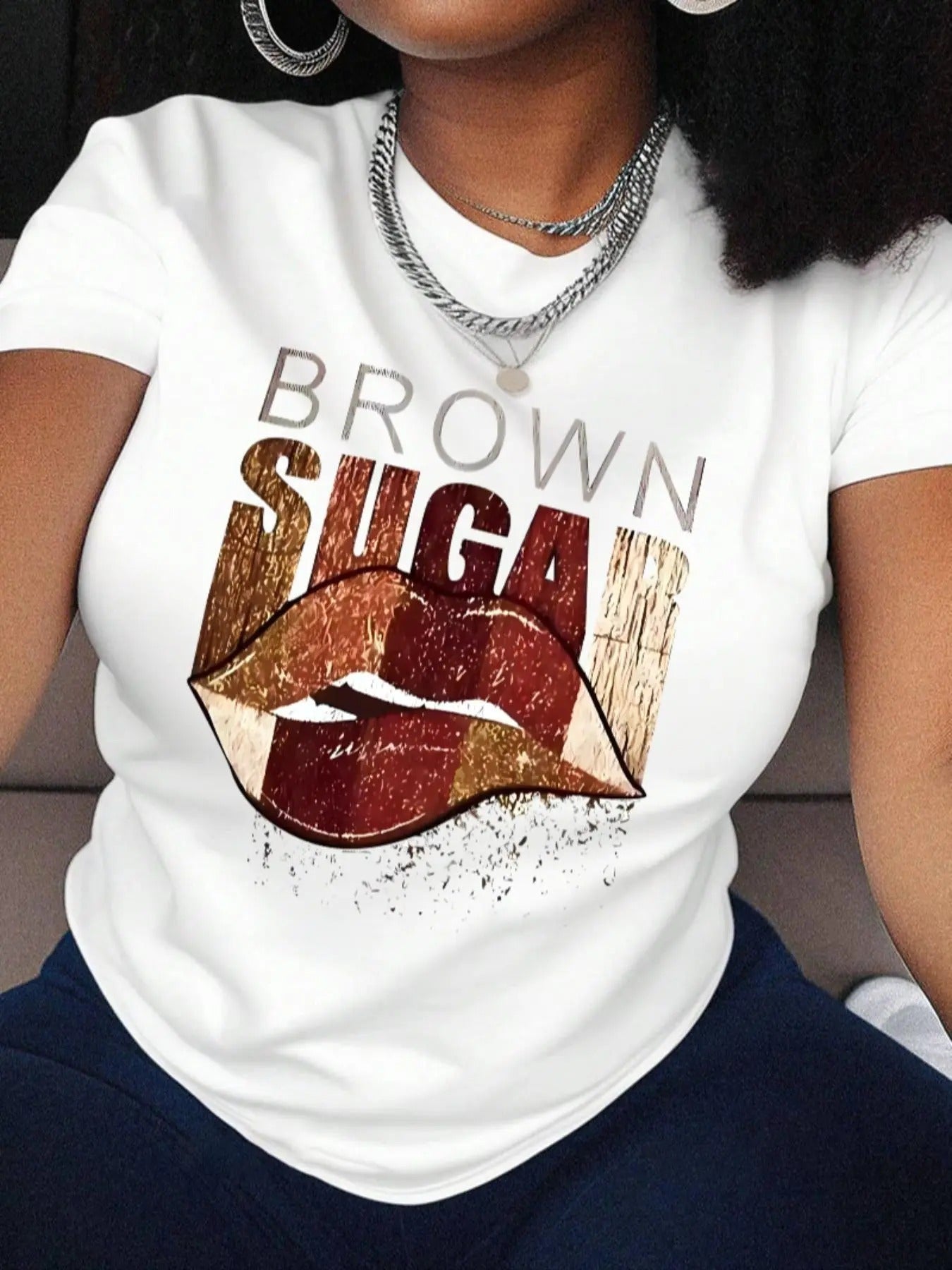 Women's Lip & Letter Print Round Neck Graphic Tee, Fashion Casual Lip Print Short Sleeve T-Shirt for Daily Holiday...
