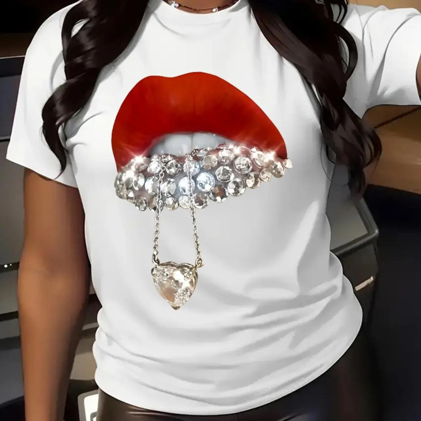 Women's Lip & Rhinestones Print Round Neck Tee, Trendy Casual Short Sleeve T-Shirt for Daily Wear, Ladies All Seasons...
