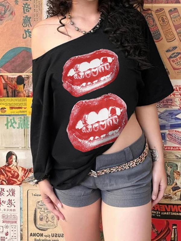 Women's Lip Print Asymmetrical Hem Tee, Casual Fashion T-shirt for Daily Holiday Vacation Outdoor Wear, Ladies Clothes...