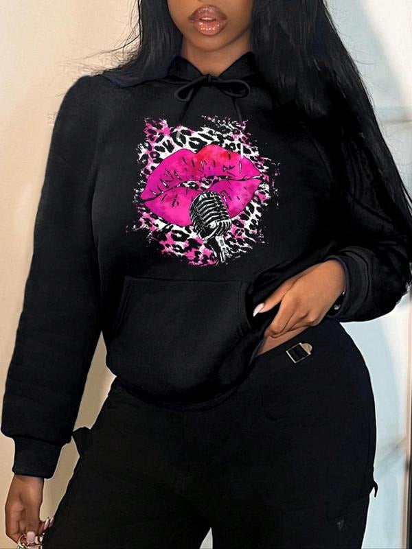 Women's Lip Print Drop Shoulder Hoodie, Fashion Casual Drawstring Kangaroo Pocket Hooded Sweatshirt for Daily Holiday...