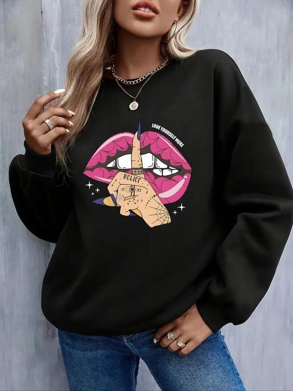Women's Lip Print Drop Shoulder Sweatshirt, Casual Long Sleeve Round Neck Pullover for Daily Wear, Ladies Clothes for All...