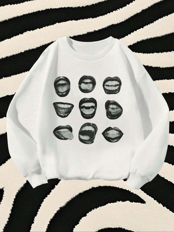 Women's Lip Print Drop Shoulder Sweatshirt, Casual Long Sleeve Round Neck Pullover for Fall & Winter, Women's Clothes for...