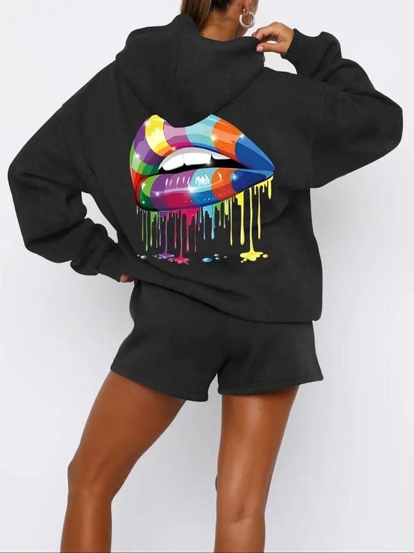 Women's Lip Print Hoodie, Casual Long Sleeve Hooded Sweatshirt for Daily Wear, Ladies Clothes for All Seasons T-Shirts
