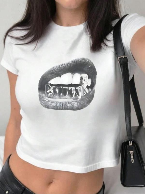 Women's Lip Print Round Neck Crop Tee, Fashion Casual Crew Neck T-shirt for Daily Holiday Vacation Outdoor Wear, Ladies...