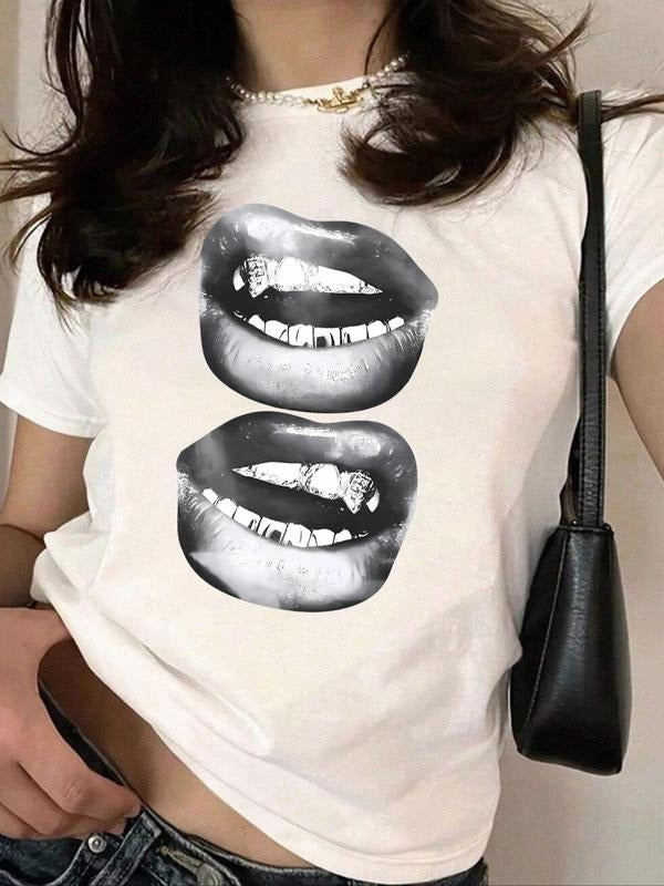 Women's Lip Print Round Neck Graphic Tee, Vintage Trendy Casual Short Sleeve T-shirt for Daily Wear, Ladies Summer Outfit...