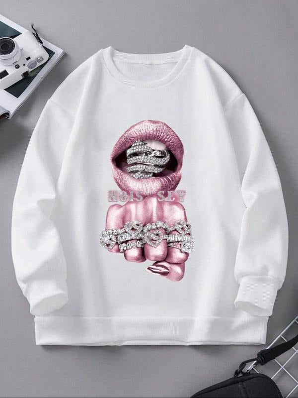 Women's Lip Print Round Neck Sweatshirt, Fashion Casual Crew Neck Long Sleeve Pullover for Daily Wear, Women's Clothing...