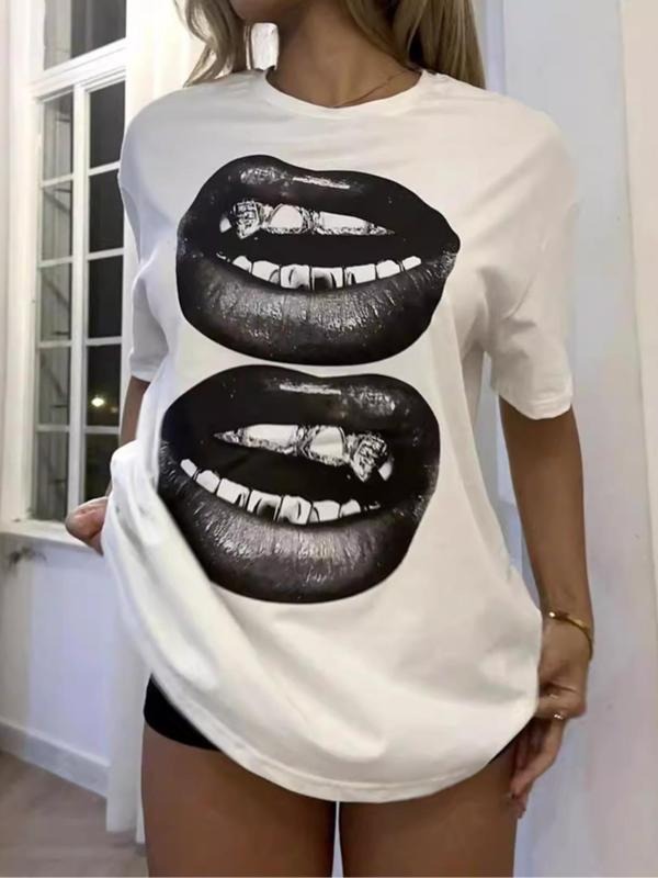 Women's Lip Print Round Neck Tee, Fashion Casual Crew Neck T-Shirt for Daily Holiday Vacation Outdoor Wear, Ladies...
